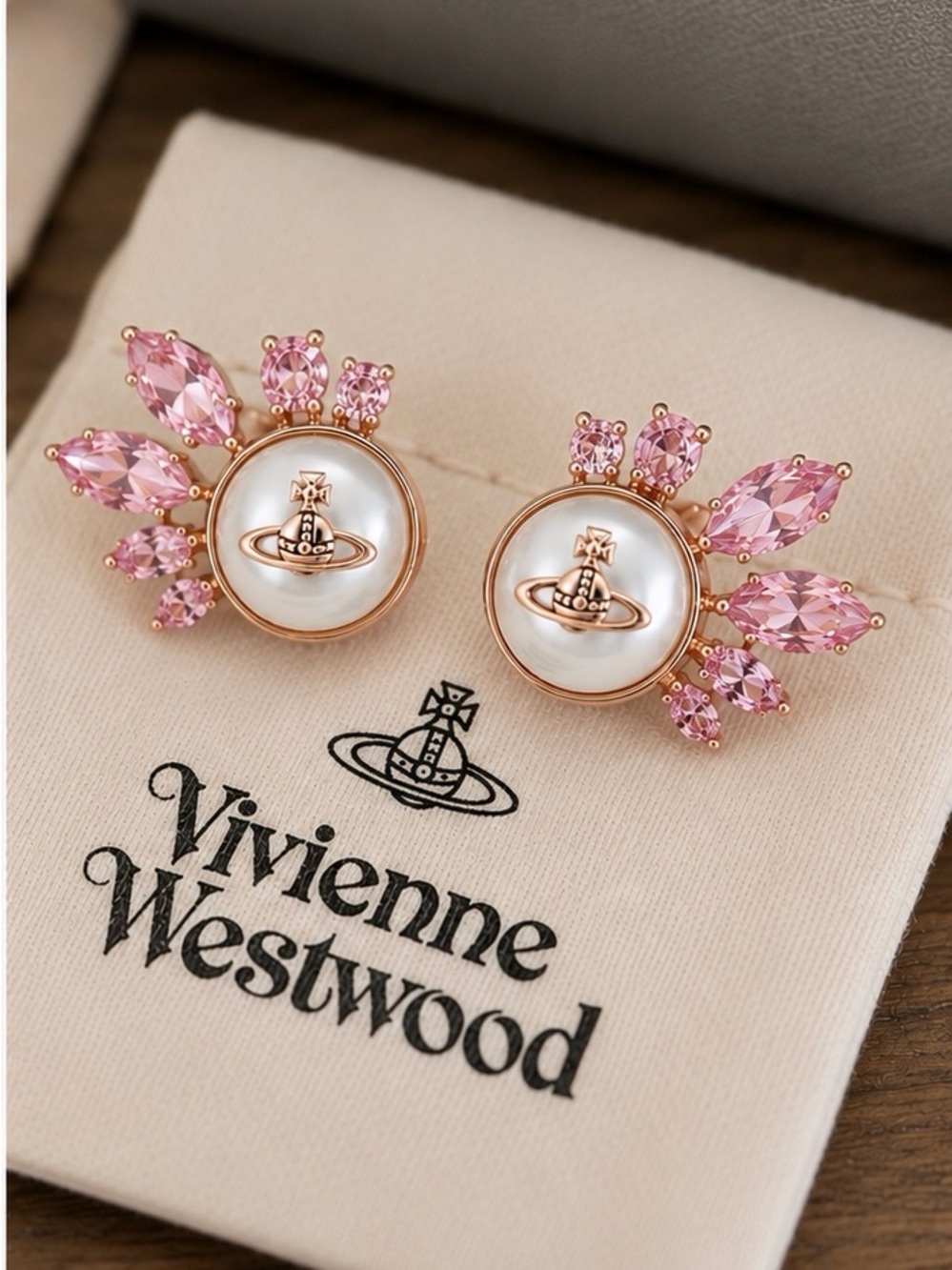 Vivienne Westwood Pink Crystal Pearl Orb Stud Earrings – Rose Gold Tone
